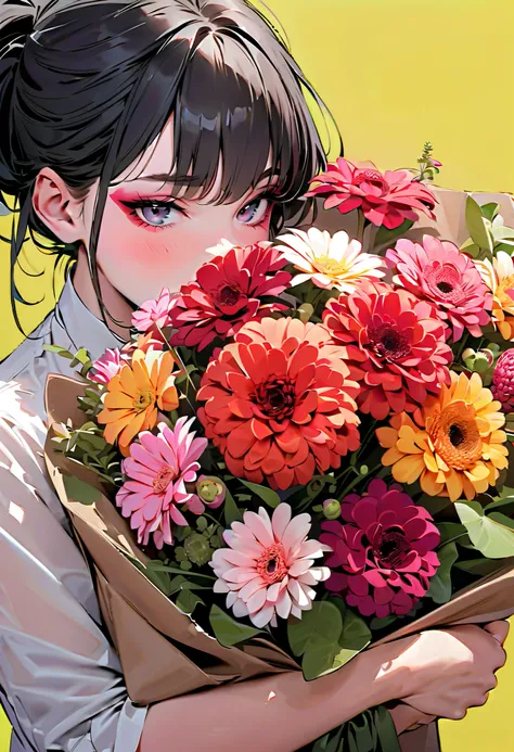 ( Masterpiece,  top quality:1.2),  Girl peeking through a bouquet of flowers, Alone, Colored Eyes ,pansy、Dahlia、Gerbera bouquet,, Makeup,  Bottom Eyeshadow  ,(Black hair color,Mr.々Hairstyle),  Color Highlights ,   Pure Color Background  .