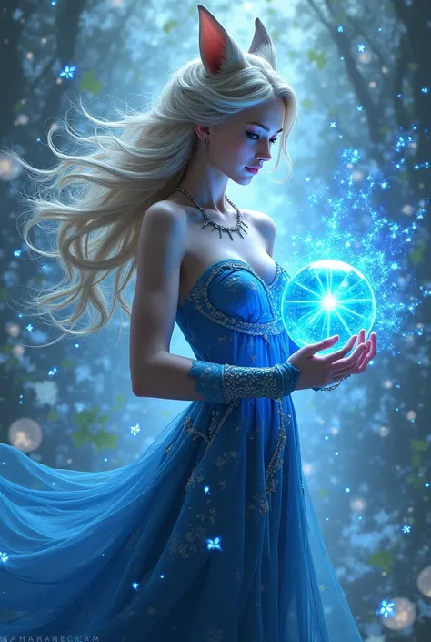 Female humanoid seven-tailed fox using blue sphere magic