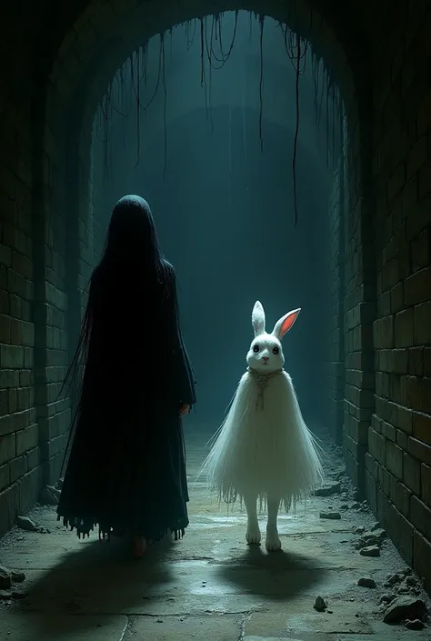 Sadako Yamamura in a black hoodie and the anthropomorphic White Rabbit in a white airy cape walk down a gloomy underground corridor