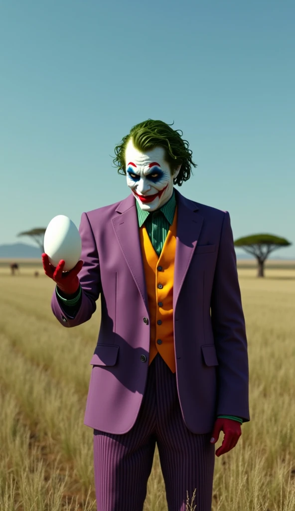 The Joker holding a large egg in his hand on an African savanna,  ultra real and professional images