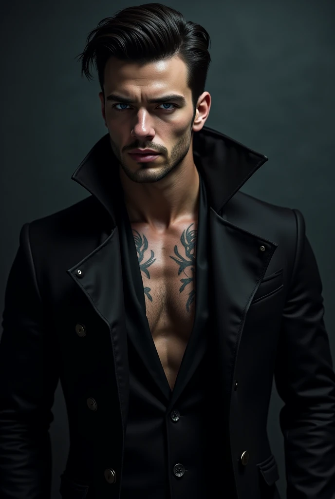 Blue-eyed male character, very dark hair , six pack, jaw a little marked, a few tattoos , a SCAR under the chest and black clothes with the air of a villain and a thief