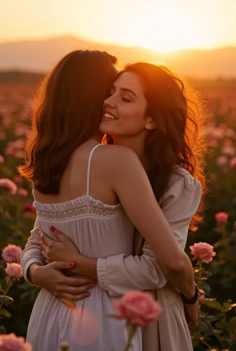 Warm Embrace, 2 women, Stoya right side, Jennifer Love Hewitt left side, hugging, field of roses, sun set