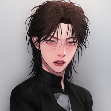 A woman with black suit and black hair to neck, has a small mole under her left eye, has emotionless face, looking at viewer, her face he handsome and sharp.. Not cute at all, but beautiful. 