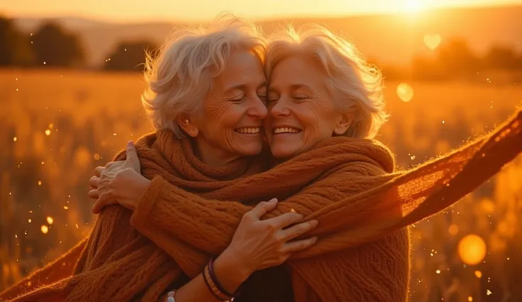 Epic warm hug in golden hour, (two intergenerational figures:1.3), grandmother embracing granddaughter, flowing woolen scarves intertwining, soft diffused light casting elongated shadows, intricate facial details showing tear of joy, (surreal floating knit...