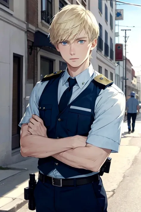 Short blond hair, blue eyes, beautiful boy, police style