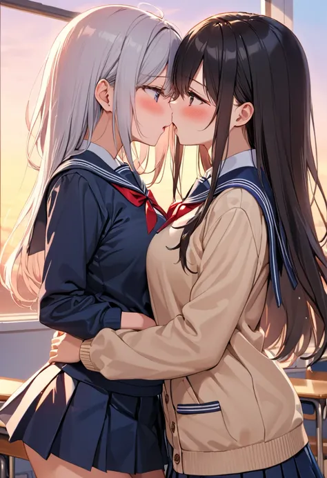 (Top quality, Masterpiece: 1.2),
Cowboy Shot 
An after-school classroom at sunset, 
Two beautiful girls in cute school uniforms are hugging and kissing each other, 
They are blushing and looking at each other shyly, 
There is a height difference between th...