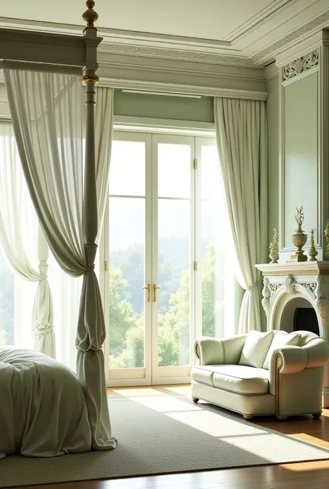 Large room with four-poster bed with curtains and sofa and fireplace
Colors tending to white and green