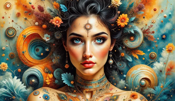 a stylized portrait of a woman intricately woven into an artistic composition filled with swirling patterns and vibrant colors. Her face is serene and adorned with detailed designs around her eyes and forehead, which blend harmoniously with flowing hair t...