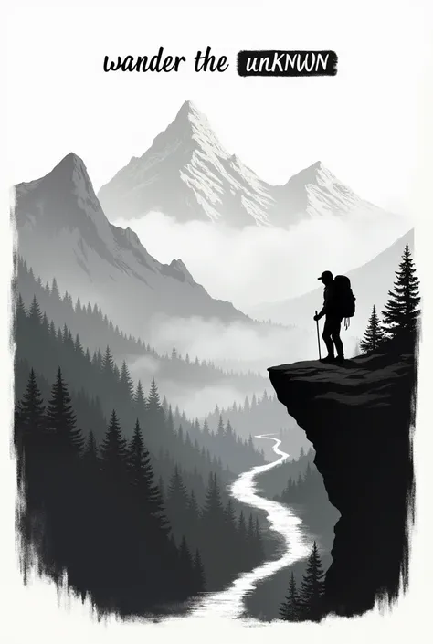 On a white background Create an illustration of a black and white graphic with the phrase “Wander the Unknown” at the top. The landscape features misty mountains, winding trails and dense forests. In the foreground, a lone hiker with a backpack and trekkin...