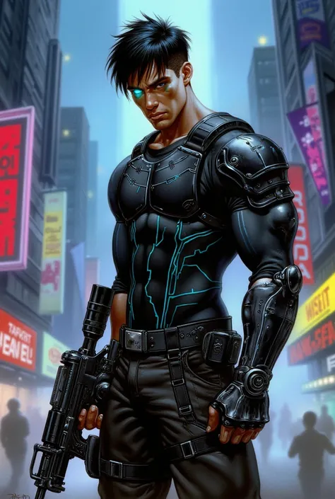 Create a dynamic illustration of Raze Striker, a striking male character in a cyberpunk environment. He stands tall and commanding, his muscular and agile build emphasized by a black armored tactical vest over a fitted, dark grey long-sleeve shirt with neo...