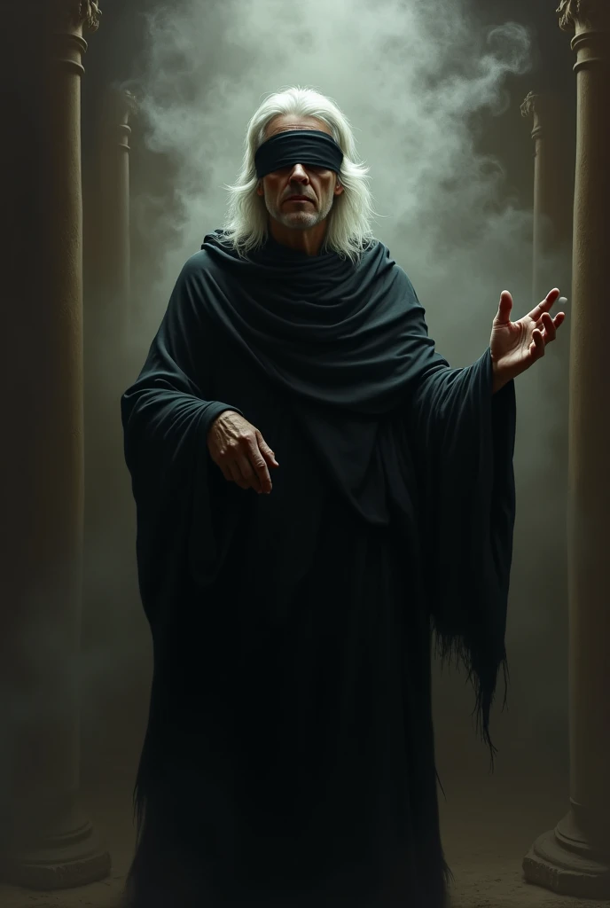 Oil painting of blindfolded very white long haired Jeremy Irons face as a Ghost wearing long black old ancient greece rags and pointing whith his right hand in a dark cave whit lots of smoke.