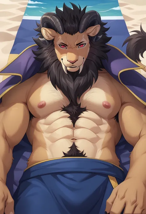 leonhart, sacrificing the princess and the king of beasts , male,,lion,black mane,Brown body ,Goat Horns, is unique,4K, Best quality ,, Lying on the beach,lying down,Lie down, Best Quality ,Fangs, Furry body , bare arms upper body nude, not wearing clothes...