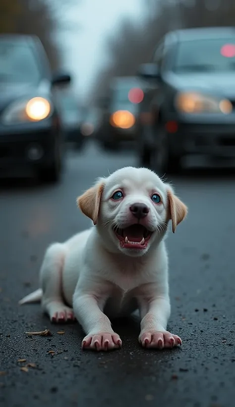 A highly realistic and emotionally striking scene of a newborn puppy lying injured on the asphalt. Its tiny body is covered in wounds and scratches, and its bright blue eyes are filled with tears, expressing deep sadness and helplessness. The puppy looks f...