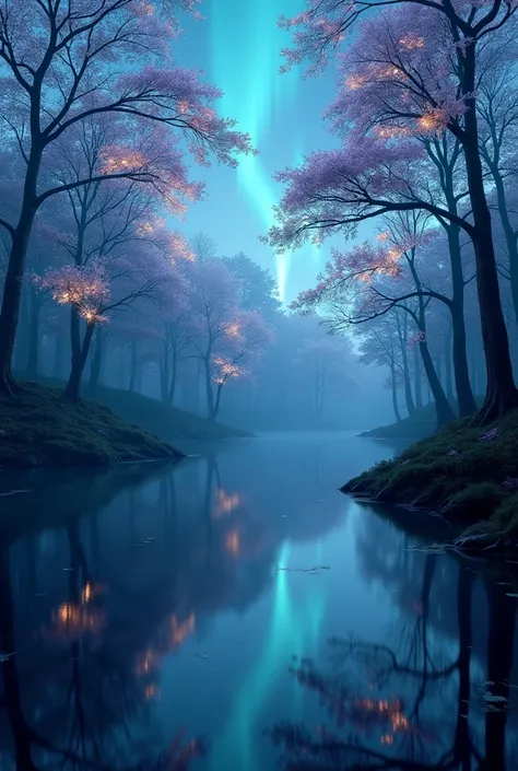 Design a mystical forest wallpaper where glowing trees with crystal leaves float above a mirror-like lake. Add aurora lights in the sky, hyper-detailed textures, and a soft fog effect. Ultra-realistic with fantasy elements."*