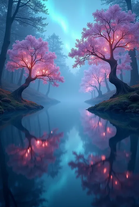 Design a mystical forest wallpaper where glowing trees with crystal leaves float above a mirror-like lake. Add aurora lights in the sky, hyper-detailed textures, and a soft fog effect. Ultra-realistic with fantasy elements."*