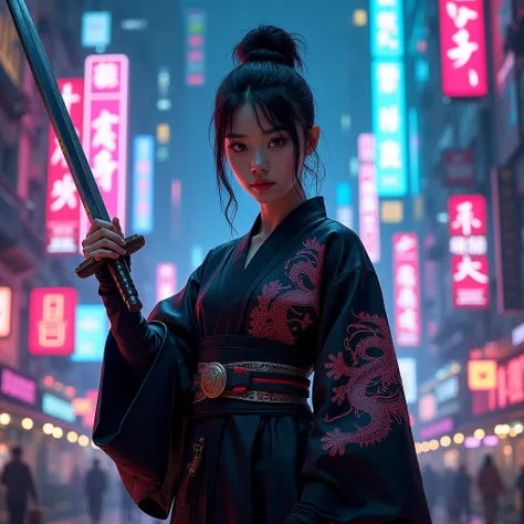 Asian girl, with katana, in the neon signage,  in a black kimono with a dragon, a gleam of steel on the sword,  photorealism,  neon signs,  Cyberpunk