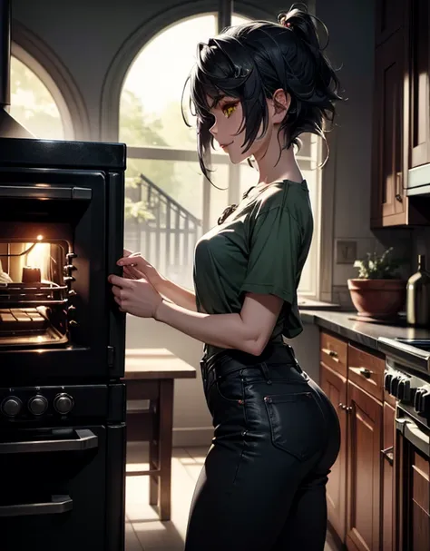 anime woman baking, side_view, solo, xiangling \(genshin impact\), dark blue hair, yellow eyes, hair ornament, hair rings, braid, hairclip, short hair, bangs, dot eyebrows, cute casual clothes, pants, t-shirt, proud face, smile, kitchens, oven, heart_cooki...