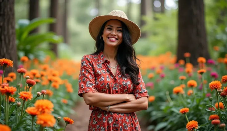 A woman standing in a vibrant forest, surrounded by colorful flora, fully dressed in her personal style. She exudes confidence and contentment, representing the beauty and joy of living authentically and unapologetically.