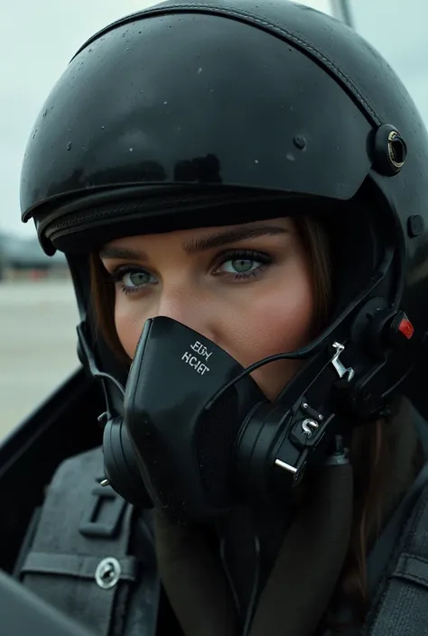 Face of a woman in a pilot's helmet, lowered visor, mask on,  long black lashes, profiled blue eyes, in the cockpit of an F-16