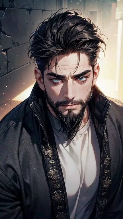 ( stupid,4K,8k,  highres,  masterpiece:1.2),  ultra-detailed,(realistic,photorealistic,photo-realistic:1.37),36-year-old man,3 day beard,cute anime ,Portraits,strong,Masculine,  dark hair,sharp jaw,    mesmerizing eyes    ,  perfectly combed hair,  cool an...