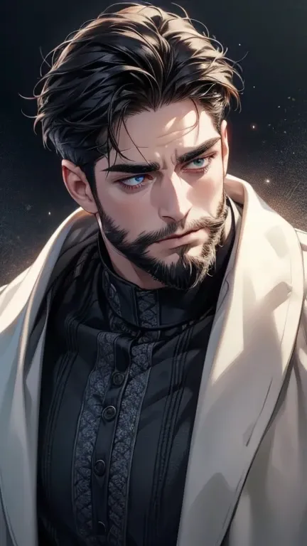 ( stupid,4K,8k,  highres,  masterpiece:1.2),  ultra-detailed,(realistic,photorealistic,photo-realistic:1.37),36-year-old man,3 day beard,cute anime ,Portraits,strong,Masculine,  dark hair,sharp jaw,    mesmerizing eyes    ,  perfectly combed hair,  cool an...