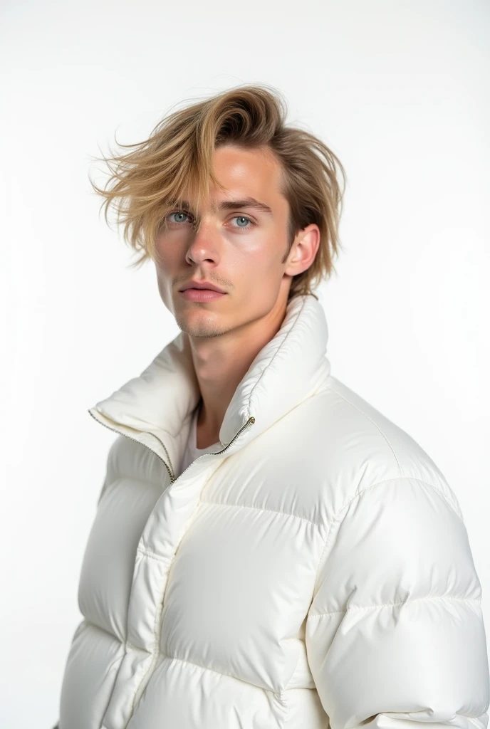 A handsome 21-year-old blond man with messy hair white puff jacket, Side by side white background