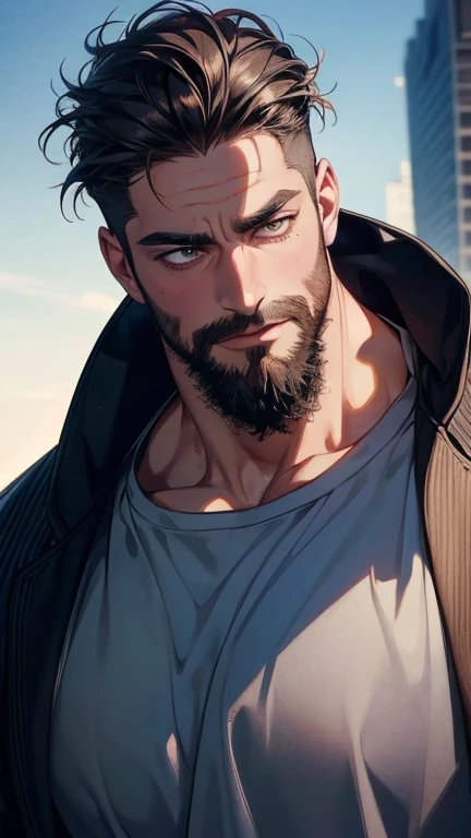 ( stupid,4K,8k,  highres,  masterpiece:1.2),  ultra-detailed,(realistic,photorealistic,photo-realistic:1.37),36-year-old man,3 day beard,cute anime ,Portraits,strong,Masculine,  dark hair,sharp jaw,    mesmerizing eyes    ,  perfectly combed hair,  cool an...