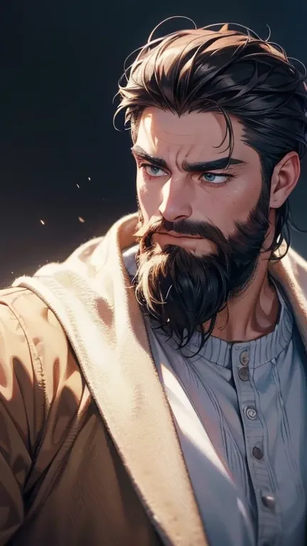 ( stupid,4K,8k,  highres,  masterpiece:1.2),  ultra-detailed,(realistic,photorealistic,photo-realistic:1.37),36-year-old man,3 day beard,cute anime ,Portraits,strong,Masculine,  dark hair,sharp jaw,    mesmerizing eyes    ,  perfectly combed hair,  cool an...