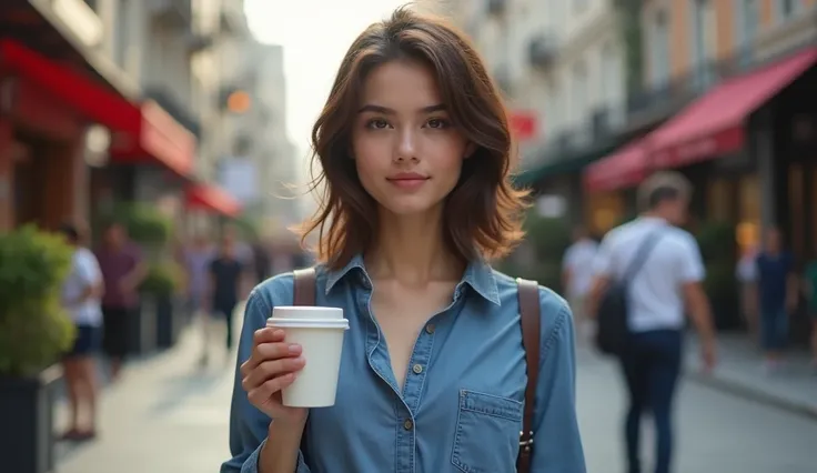 A YOUNG AND BEAUTIFUL LADY WITH SMASHED BROWN HAIR HOLDING A CUP OF COFFEE IN HIS HAND IN BLUE PENT SHIRT IS STANDING IN THE STREET 