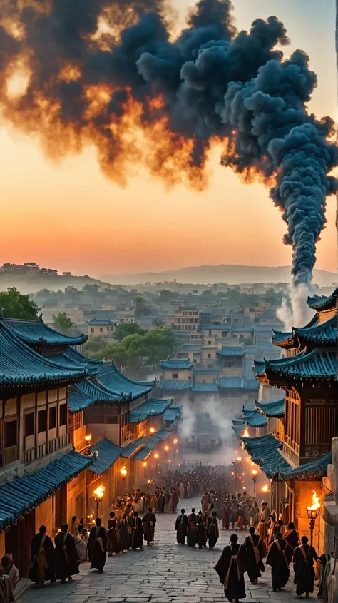 "A grand, cinematic view of an ancient city at twilight, with smoke rising from several buildings. The streets are filled with people moving hurriedly, some carrying belongings while others look back at the city. The massive stone walls stand tall, illumin...