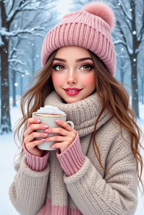 pinkfluxproultrafantasia, hyper realistic detailed winter painting of a boujee girl smiling with her mug of hot cocoa, beautiful detailed eyes, gorgeous natural wavy long hair, in the style of art by charlie bowater, art by jennifer janesko, and art by pix...