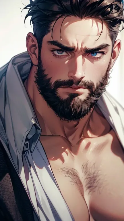 ( stupid,4K,8k,  highres,  masterpiece:1.2),  ultra-detailed,(realistic,photorealistic,photo-realistic:1.37),36-year-old man,3 day beard,cute anime ,Portraits,strong,Masculine,  dark hair,sharp jaw,    mesmerizing eyes    ,  perfectly combed hair,  cool an...