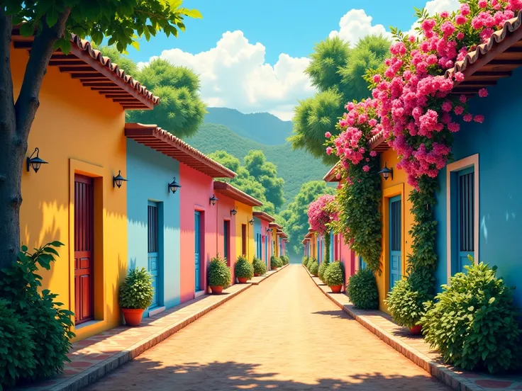 a dirt street,  sunny day . A forest on the right side of the street, Portuguese colonial-style houses on the left, Multi colored, A flowery bougainvillea hanging from the wall of one of the houses. 