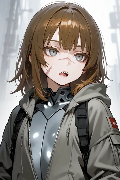 Sharp teeth, mesugaki, emotionless, open mouth, big mouth, hoodie jacket, grey body suit, brown hair, grey eyes, brown eyelashes, scar on face, tactical cloth, 1 girl, flat chest, medium hair, thick thight, solo