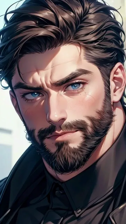 ( stupid,4K,8k,  highres,  masterpiece:1.2),  ultra-detailed,(realistic,photorealistic,photo-realistic:1.37),36-year-old man,3 day beard,cute anime ,Portraits,strong,Masculine,  dark hair,sharp jaw,    mesmerizing eyes    ,  perfectly combed hair,  cool an...