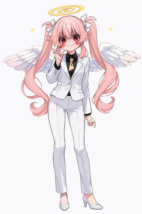  one girl、 full body standing picture 、 pastel pink、Twin tails curled like a spiral、Eye color is yellow、 white business suit pants style、The shirt is black、 ties are orange、 firm eyes、smile。 has a white background。 angel wings and rings。 have red cheeks 。 ...