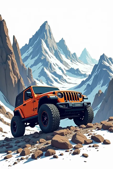 On a white background create an illustration of a wild and rugged scene featuring the phrase "Conquer the Trails" in large, bold text. The background features steep mountain ridges as a lifted Jeep Wrangler climbs a steep rock, showing off-road endurance a...