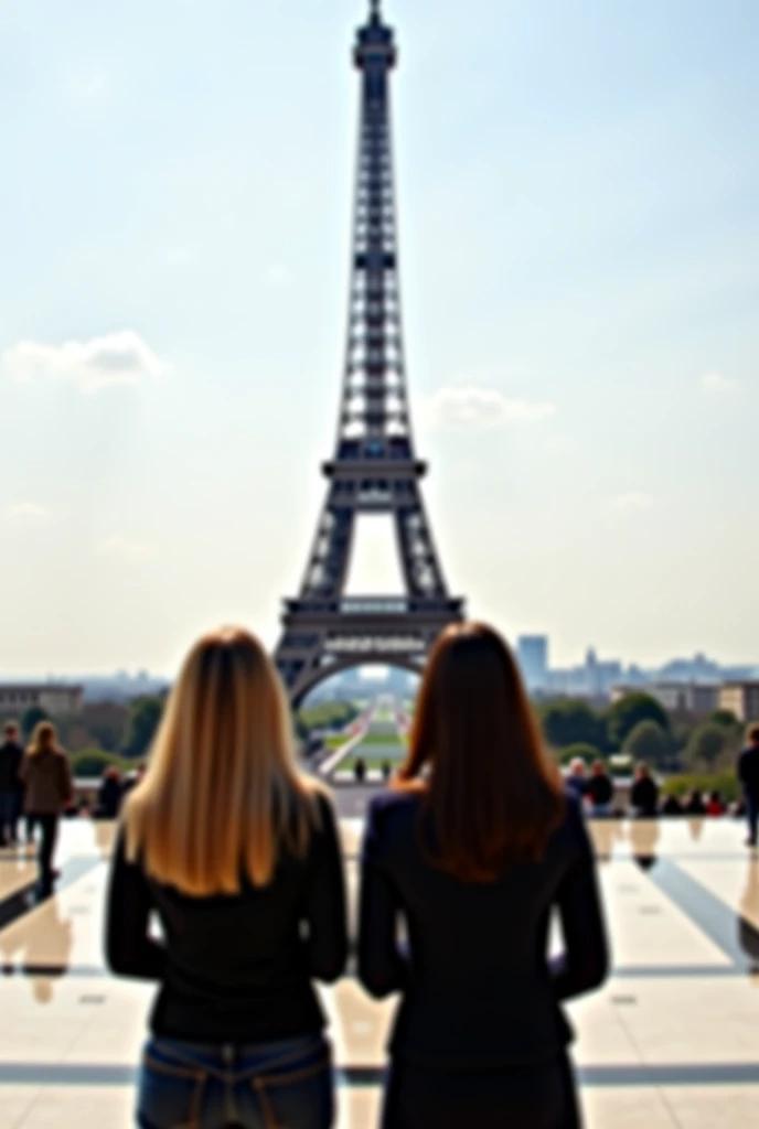 two women standing in front of the eiffel tower in paris, a picture by Emanuel Witz, pexels, paris school, in front of the eiffel tower, with eiffel view, eiffel tower in the middle, in paris, traveling in france, paris eiffel tower, eiffel tower photograp...