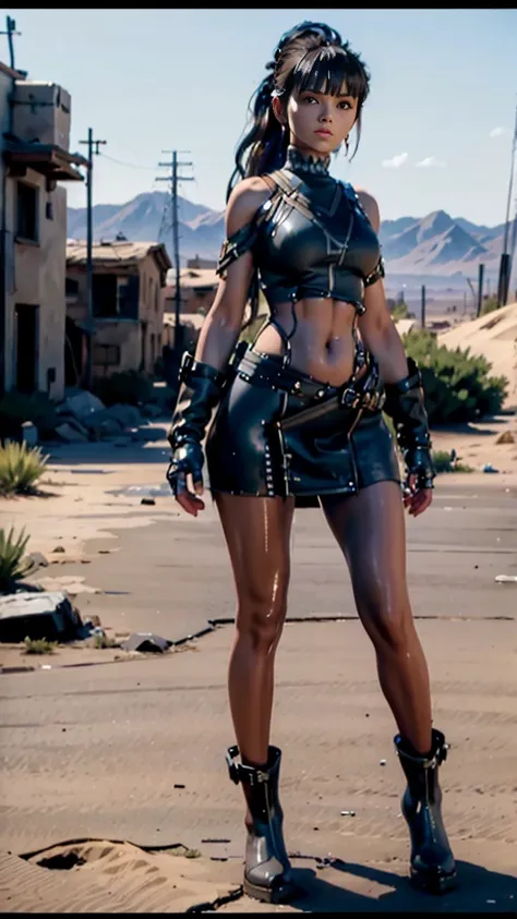 ( masterpiece,  Highest quality ), Eve.  full body,
dynamic pose.
Scenario in a post-apocalyptic desert.
She's walking .
The scene is a cutscene from an action game.
Her outfit is a white tank top with a thin strap and an outside belly, wearing loose black...