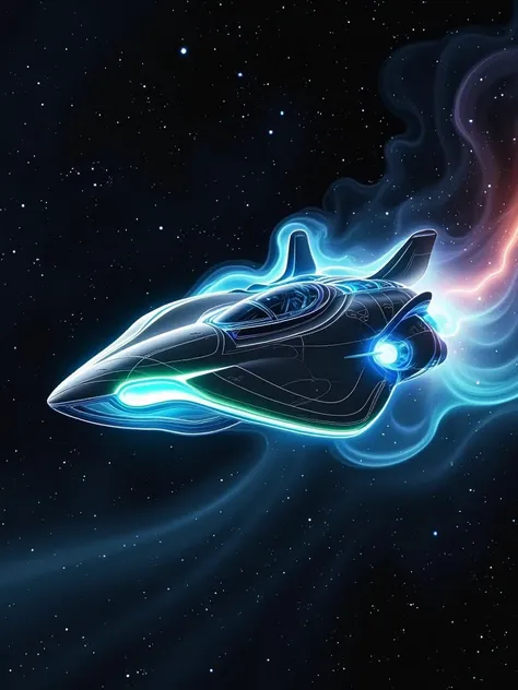 " A futuristic spaceship flying in deep space ,  with a minimalist and elegant design .  The ship has soft lines and blue and green neon lights ,  passing through a galaxy full of bright stars and colorful nebulas in the background.  The setting must be im...