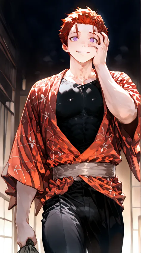 (Rulax: (solo, Man:1.2),(male focus),red hair,  purple eyes, red yukata, black shirt, oversized black pants), desperate pose, desperate face, holding his head , cowboy shot, (Highly detailed, Absurdres, Anatomically correct, Best quality), (hirune style), ...