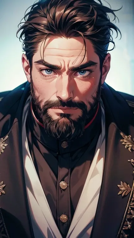 ( stupid,4K,8k,  highres,  masterpiece:1.2),  ultra-detailed,(realistic,photorealistic,photo-realistic:1.37),36-year-old man,3 day beard,cute anime ,Portraits,strong,Masculine,  dark hair,sharp jaw,    mesmerizing eyes    ,  perfectly combed hair,  cool an...