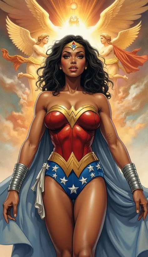 Detailed proportions and textures, multi-colored and softened airbrush strokes, semi-realistic illustration in India ink of a beautiful, strong and satisfied Wonder Woman (an African-American superheroine (full body pose, with a confident and bold posture,...