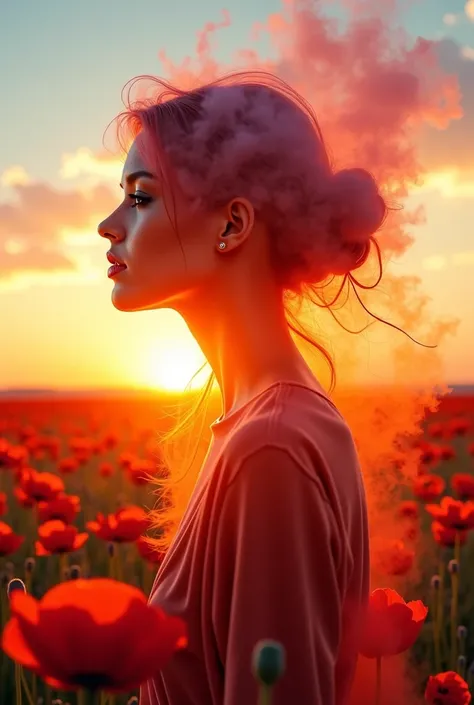 Double exposure :    a photograph of a bright field of colorful poppies under a surreal sunset sky.  The sunset floods this scene with warm light ,  illuminating the flowers with golden glow .  Against the sky, clouds of colored smoke form a transparent si...