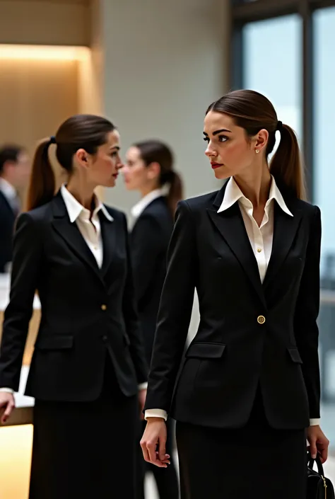 A very formal but modern bank in the City of London.  The women customer are formally dressed in black suits, long skirts, and a white shirt with the collar out over jacket lapels.  Hair tied up, and no hair allowed near their collars.  The women are in sh...