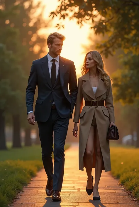 Two people walking in the park in the evening ,  one is blond and wearing a chic expensive suit ,  and the second girl is slightly shorter than him and is also decently dressed