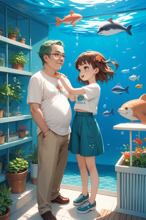 young, loli, anime girl, long waist-length brown hair, with an older man, 30s, with shoulder length green hair, ddlg. wearing matching seal t-shirts on a day out at the aquarium