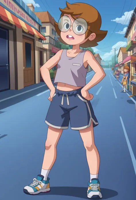 score_8, score_8_up, score_7_up, 1girl, female focus, solo, Ridley_GT, Light-toned skin, black eyes, Glasses, short hair, light brown hair, light brown eyesbrows, long oversized grey tanktop, blue gym shorts, white socks, sneakers, full body, open mouth, o...