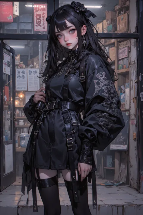 Anime girl in a black outfit standing in front of a store, dressed in punk clothes,  anime girl dressed in a black dress , dressed in crustpunk clothing ,   goth anime girl , Who wears a punk outfit , rosa and black,  anime character;  full body art , 80&#...