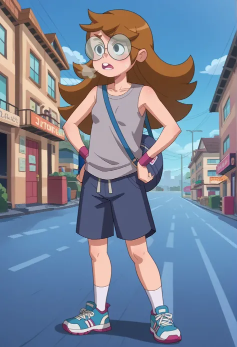 score_8, score_8_up, score_7_up, 1girl, female focus, solo, Ridley_GT, Light-toned skin, black eyes, Glasses, long hair, light brown hair, light brown eyesbrows, long oversized grey tanktop, blue gym shorts, white socks, sneakers, full body, open mouth, ou...